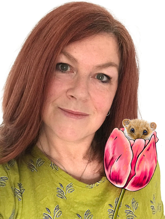 Lisa Fox, owner and designer at Fox & Boo, with isolated dormouse in a tulip