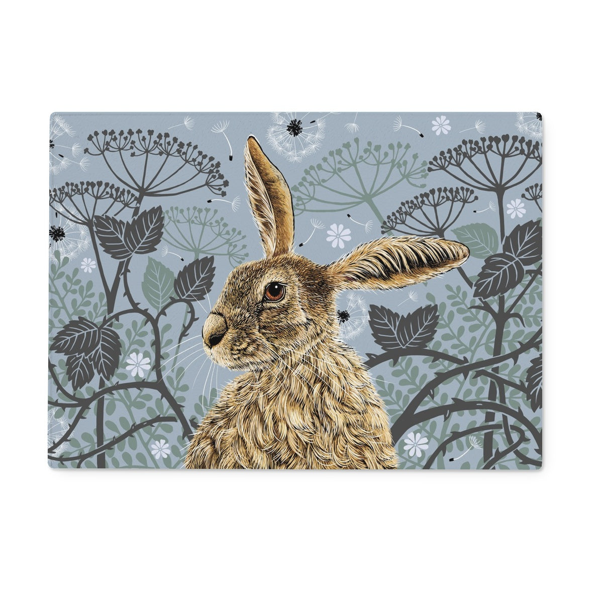 This coaster design features a hare portrait with one floppy ear, around the hare are stylised brambles, leaves, cow parsley and dandelion puffs, background colour is a blue grey.