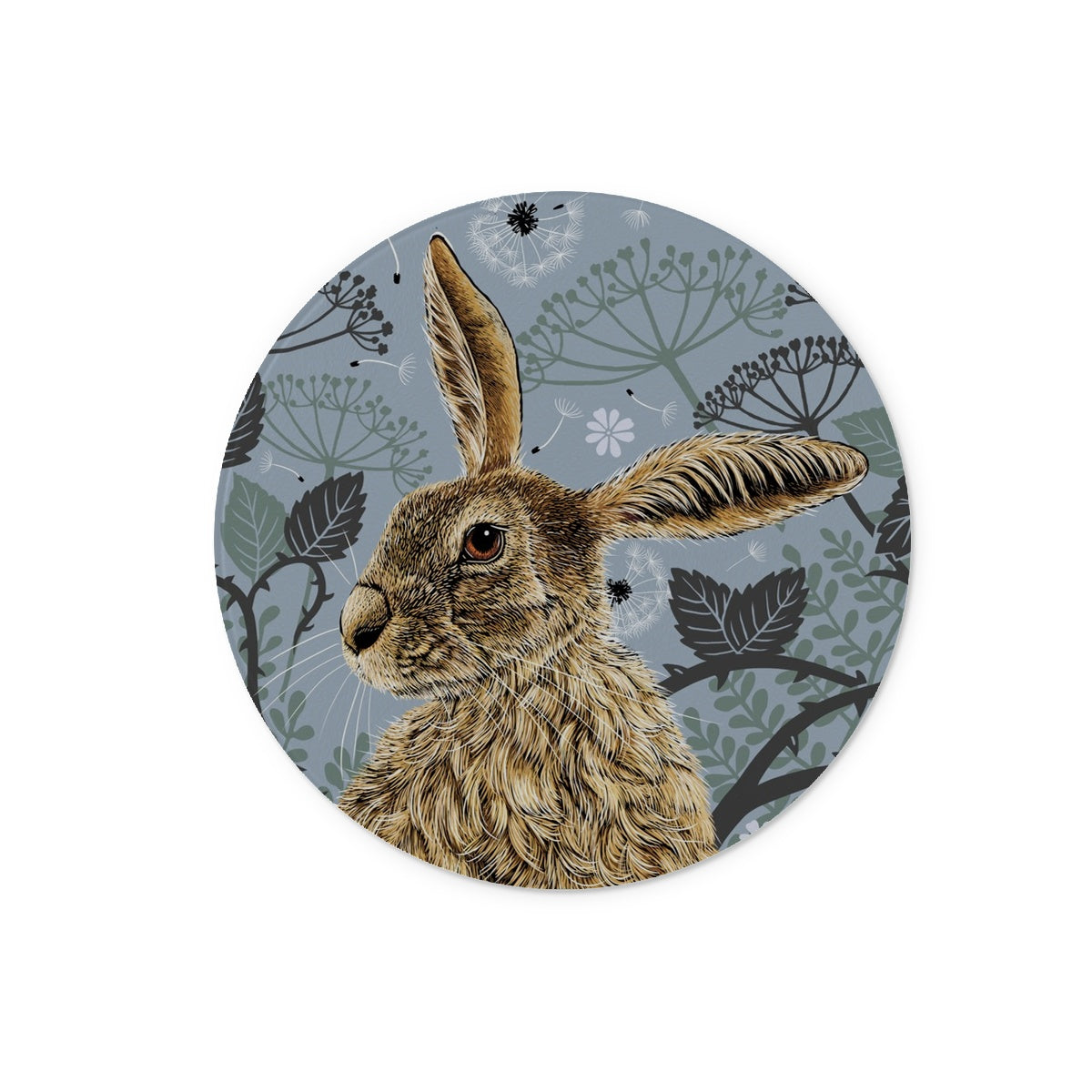 This coaster design features a hare portrait with one floppy ear, around the hare are stylised brambles, leaves, cow parsley and dandelion puffs, background colour is a blue grey.