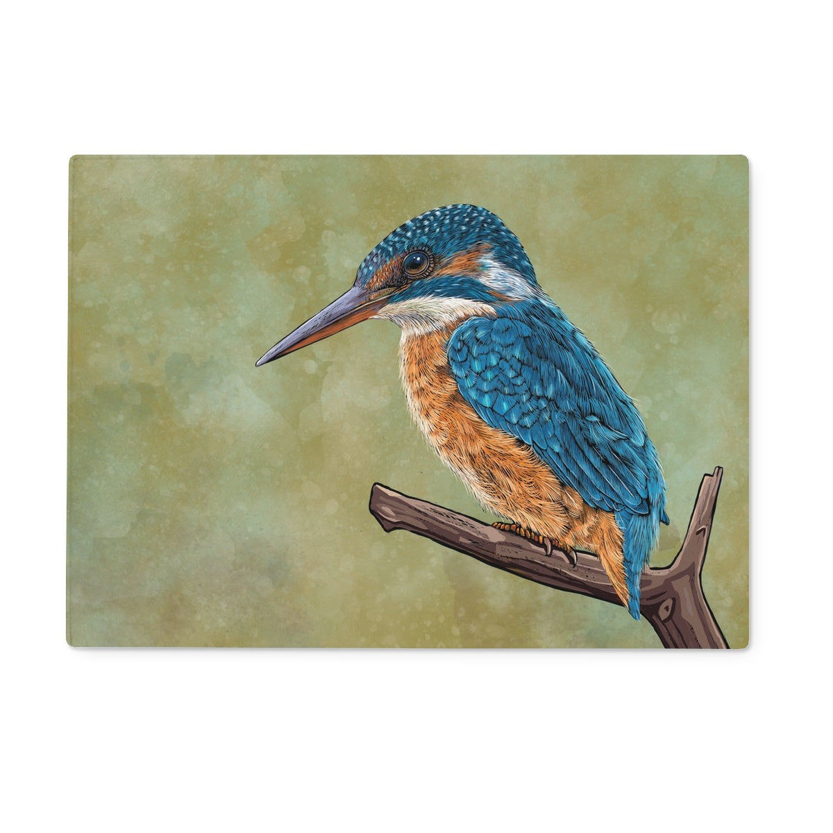 A stunning kingfisher illustration adorns this glass chopping board; kingfisher is sat on a perch amongst bullrushes, with a watercolour mossy background.