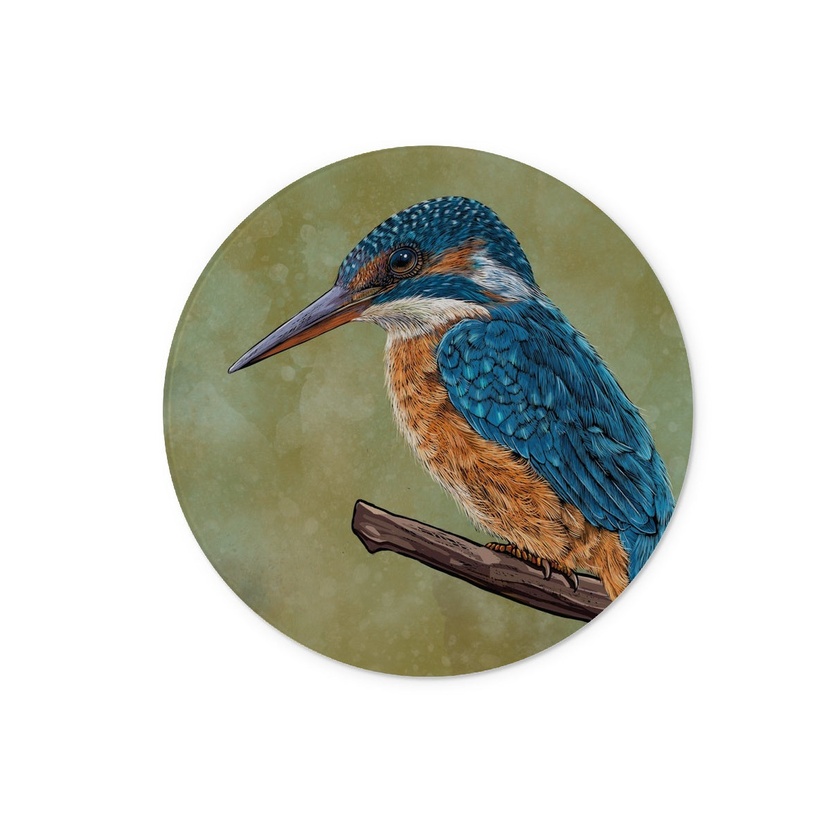 A stunning kingfisher illustration adorns this glass chopping board; kingfisher is sat on a perch amongst bullrushes, with a watercolour mossy background.