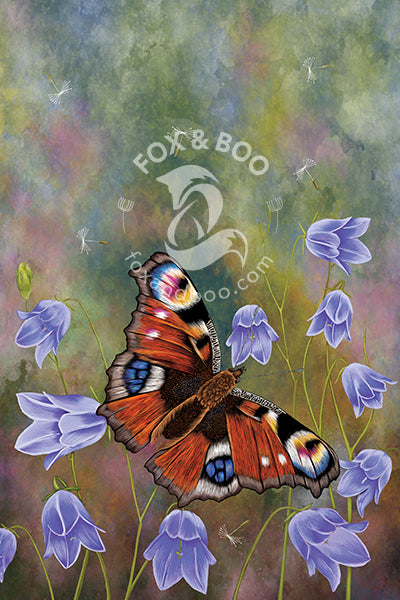 Kitchen tea towel: design is of a beautiful peacock butterfly with some delicate harebells; with a subtle watercolour style background